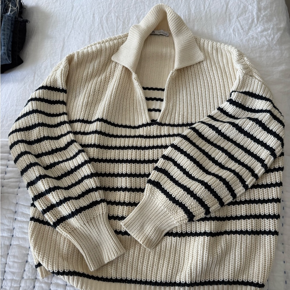 Zara Cream and Black Striped Sweater